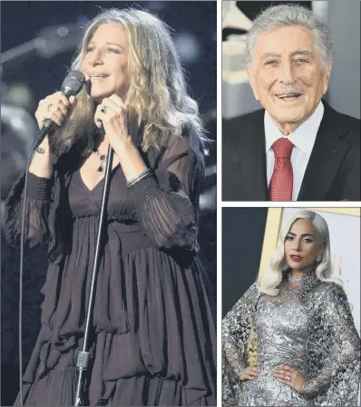  ??  ?? SONG STALWARTS: Barbra Streisand, 76, performing at the 53rd annual Grammy Awards in 2011; Tony Bennett, 92, who has been nominated for a Grammy with an album of duets with Diana Krall; Lady Gaga who has been nominated for a song from her movie A Star Is Born,