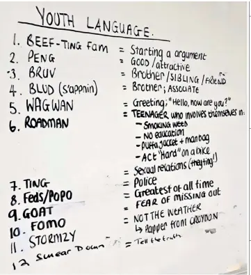  ??  ?? The whiteboard listing ‘youth talk’ in a police station aimed at making officers understand better how youngsters talk