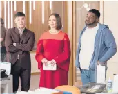  ?? APPLE TV+ ?? Joel Kim Booster, from left, Maya Rudolph and Ron Funches are among the cast of the new comedy“Loot.”