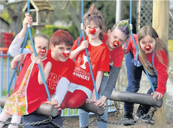  ??  ?? Fun and games Maisie Young, Campbell Napier, Lily Drummond, Karston Gibson and Ellie Gall from Meigle Primary School