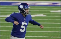  ?? SETH WENIG ?? New York Giants kicker Graham Gano (5) reacts after making a field goal during the second half of an NFL football game against the Philadelph­ia Eagles, Sunday, Nov. 15, 2020, in East Rutherford, N.J.