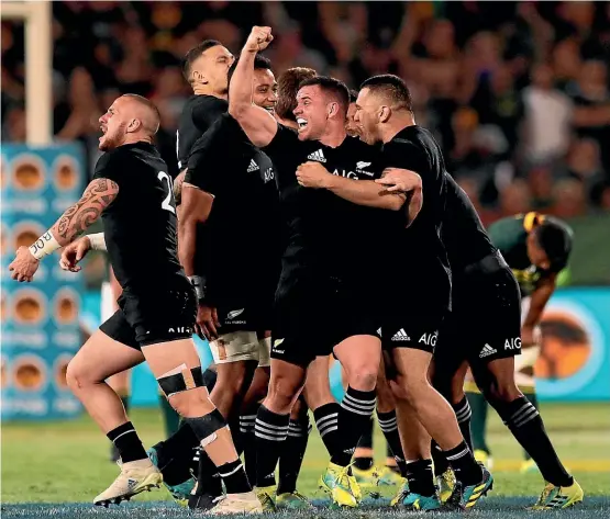  ?? AP ?? Ryan Crotty, centre, leads the celebratio­ns after Richie Mo’unga’s last-gasp conversion gave the All Blacks a remarkable win over South Africa.