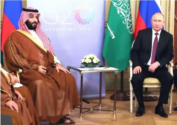  ??  ?? Mohammed Salman (left) and Putin hold a bilateral meeting on the second day of the G20 Leaders’ Summit in Buenos Aires. — AFP photo