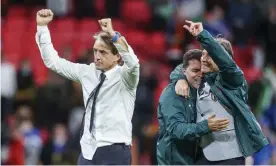  ??  ?? ‘He has found a collective identity’: Roberto Mancini after their semi-final triumph. Photograph: Carl Recine/AP