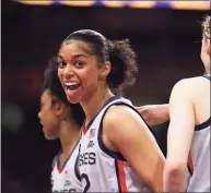  ?? Carmen Mandato / Getty Images ?? UConn’s Evina Westbrook reacts to a call against Arizona during the first quarter in the Final Four semifinal game of the NCAA Tournament this past season.