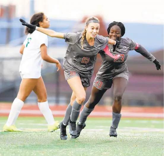  ?? THE MORNING CALL DAVID GARRETT / SPECIAL TO ?? Parkland’s Mariana Aubele-Gonzalez reacts after scoring a goal against Emmaus in the District 11 4A semifinals Tuesday at Whitehall High School.