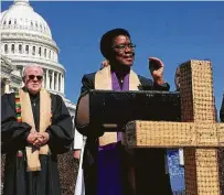  ?? Lauren Markoe / Religion News Service ?? The Rev. Barbara Williams-Skinner speaks during a rally opposing President Donald Trump’s proposed budget.