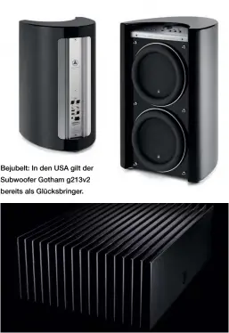  ??  ?? Bejubelt: In den USA gilt der Subwoofer Gotham g213v2 bereits als Glücksbrin­ger. Still und leise: Roon stellt die eigenen Musikserve­r Nucleus vor – lüfterlos und elegant.