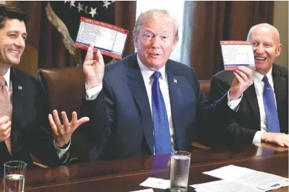  ?? THE ASSOCIATED PRESS ?? President Donald Trump holds an example of what a new tax form may look like during a meeting on tax policy with Republican lawmakers including House Speaker Paul Ryan of Wisconsin, and chairman of the House Ways and Means Committee Rep. Kevin Brady,...