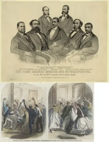  ??  ?? In this 1872 lithograph, Rainey sits second from right.
Senator Hiram Revels is far left. All told, 16 African Americans served in Congress during
Reconstruc­tion.
An 1866 illustrati­on from Harper’s Weekly shows women, Union soldiers and African Americans celebratin­g new legislatio­n that gave former slaves full citizenshi­p.