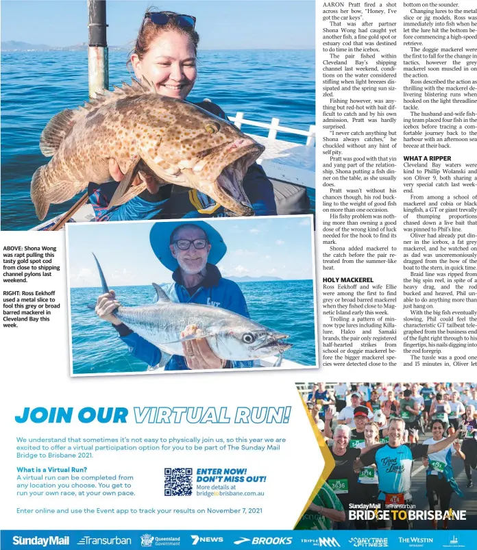  ?? ?? ABOVE: Shona Wong was rapt pulling this tasty gold spot cod from close to shipping channel pylons last weekend.
RIGHT: Ross Eekhoff used a metal slice to fool this grey or broad barred mackerel in Cleveland Bay this week.