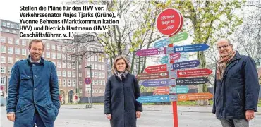  ??  ?? Stellen die Pläne für den HVV vor: Verkehrsse­nator Anjes Tjarks (Grüne), Yvonne Behrens (Marktkommu­nikation HVV) und Dietrich Hartmann (HVVGeschäf­tsführer, v. l.)