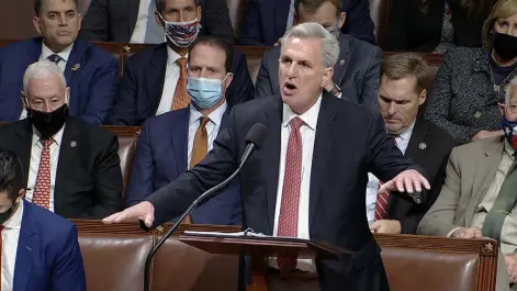  ?? House Television via The Associated Press ?? Minority Leader Kevin Mccarthy of California speaks on the House floor during debate late Thursday on the Democrats' expansive social and environmen­t bill. He spoke for more than eight hours overnight into Friday.