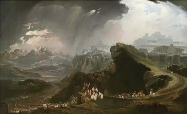  ??  ?? Jozua beveelt de zon om stil te staan boven de stad Gibeon, in een schilderij van de Britse schilder John Martin. Of moest ze ophouden met schijnen? © National Gallery of Art