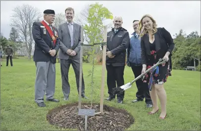  ?? JoNaThaN riley/ Truro Daily News ?? On hand for the commemorat­ive planting of a Vimy oak in the Alumni Gardens on the Agricultur­al Campus of Dalhousie University in Bible Hill May 11 were Terry Farrell, sergeant at arms of Legion Branch #26 Truro, life secretary of the class of 2017 Mark...