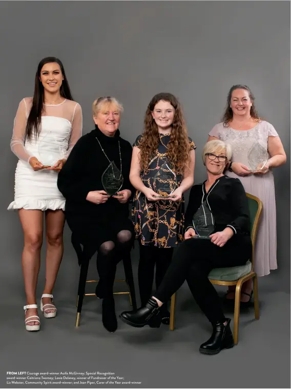  ??  ?? FROM LEFT Courage award-winner Aoife McGivney; Special Recognitio­n award-winner Caitriona Twomey; Lexie Delaney, winner of Fundraiser of the Year;
Liz Webster, Community Spirit award-winner; and Jean Piper, Carer of the Year award-winner