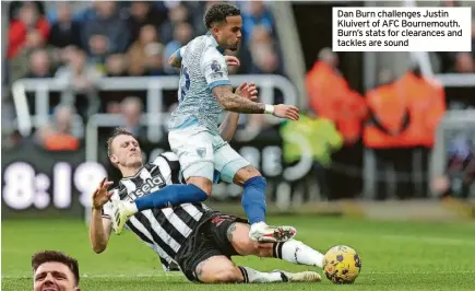  ?? ?? Dan Burn challenges Justin Kluivert of AFC Bournemout­h. Burn’s stats for clearances and tackles are sound