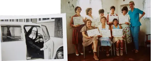  ??  ?? TOP LEFT: Monica as a young nun in Ballarat. TOP RIGHT: With a proud group of Chilean women who completed her literacy program in 1988.