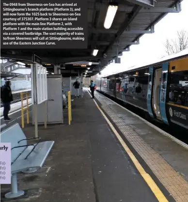  ??  ?? The 0948 from Sheerness-on-Sea has arrived at Sittingbou­rne’s branch platform (Platform 3), and will now form the 1025 back to Sheerness-on-Sea courtesy of 375307. Platform 3 shares an island platform with the main line Platform 2, with Platform 1 and the main station building accessible via a covered footbridge. The vast majority of trains to/from Sheerness will call at Sittingbou­rne, making use of the Eastern Junction Curve.