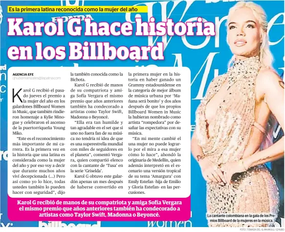  ?? ?? La cantante colombiana en la gala de los Premios Billboard de la mujeres en la música.
FOTO | TOMADA DEL IG @KAROLG | Q’HUBO