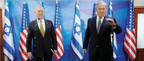  ??  ?? JERUSALEM: Israel’s Prime Minister Benjamin Netanyahu, right, delivers brief remarks as he welcomes US Defense Secretary James Mattis in his office in Jerusalem. — AP