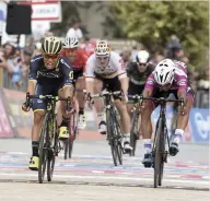  ??  ?? Young sprinter Caleb Ewan narrowly beats Gaviria in Alberobell­o