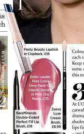  ??  ?? Estée Lauder Pure Color Envy Paint-On Liquid Lipcolor in Pink Zinc Matte, £25 BareMinera­ls Double-Ended Perfect Fill Lip Brush, £18
Zoeva Luxe Crease Brush, £8.99