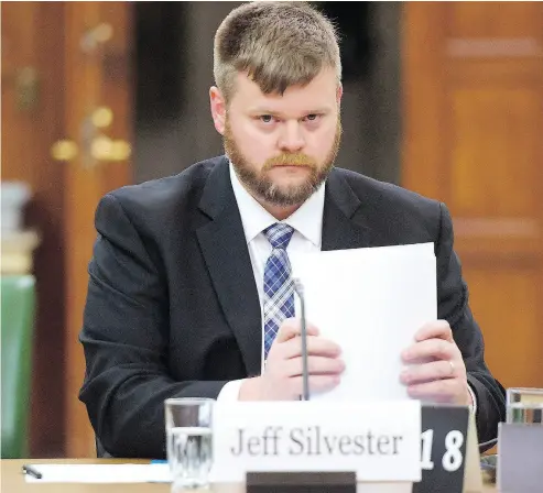  ?? SEAN KILPATRICK / THE CANADIAN PRESS ?? Jeff Silvester of AggregateI­Q appears before a Commons ethics committee on the breach of personal informatio­n involving Cambridge Analytica and Facebook in Ottawa on Tuesday.