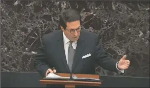  ?? The Associated Press ?? PERSONAL ATTORNEY: In this image from video, personal attorney to President Donald Trump, Jay Sekulow, speaks during closing arguments in the impeachmen­t trial against Trump in the Senate at the U.S. Capitol in Washington, Monday.