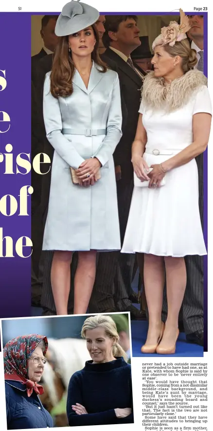  ??  ?? Royal relations (top): Sophie with a distant Kate at Windsor Castle. Inset: Chatting happily to the Queen at a horse show