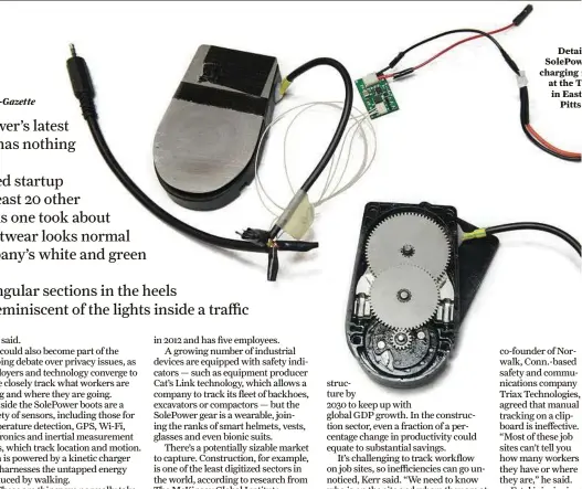  ??  ?? Detail of the SolePower kinetic charging mechanism at the Tech Shop in East Liberty, Pittsburgh.