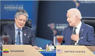  ?? AFP ?? In this June 10 picture, Ecuador’s President Guillermo Lasso, left, and US President Joe Biden attend a working luncheon with other heads of states during the 9th Summit of the Americas in Los Angeles.