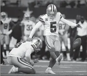  ?? AP file photo ?? Kicker Dan Bailey (5) was cut by the Dallas Cowboys because of his struggles after an injury last season and the relatively large salary for his position.