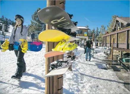  ?? Gina Ferazzi Los Angeles Times ?? SNOWBOARDS ARE STASHED outside the lodge at Snow Summit, a resort near Big Bear Lake owned by Mammoth Resorts.