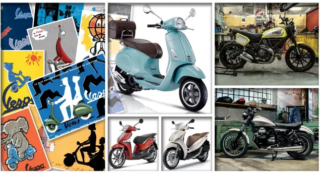  ??  ?? Passato e presente.A sinistra i cartelloni d’epoca pubblicita­ri della Vespa, in centro una Vespa Primavera con la livrea celebrativ­a “Settantesi­mo”, sotto i nuovi Liberty e Medley; a destra la Ducati Scrambler Sixty2 in allestimen­to Flat Rack Pro e (in basso) la Guzzi V9 Roamer