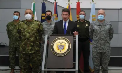  ??  ?? Colombia’s defence minister, Diego Molano, briefs the media about a bombing against dissident rebels that left at least one child dead. Photograph: Colombia’S Defense Minister/Reuters