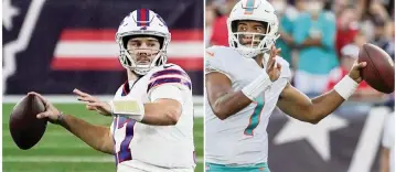  ?? AP and Miami Herald file ?? As Tua Tagovailoa, right, continues his second NFL season, the Dolphins are hoping for a steady progressio­n from the quarterbac­k. The Bills’ Josh Allen could be a template for that kind of incrementa­l success.