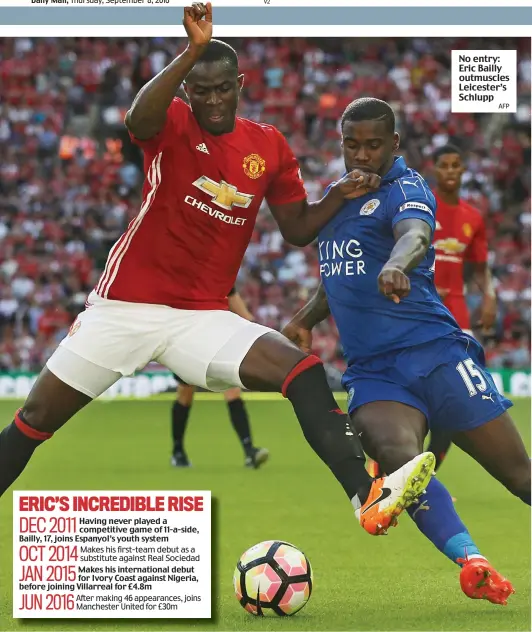  ?? AFP ?? No entry: Eric Bailly outmuscles Leicester’s Schlupp