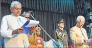  ??  ?? JD(U) leader Nitish Kumar taking oath as the new Bihar chief minister in Patna on Sunday.