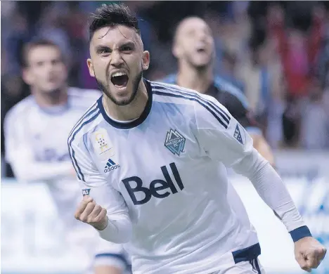  ?? DARRYL DYCK/THE CANADIAN PRESS FILES ?? Vancouver Whitecaps captain Pedro Morales celebrates after scoring on a penalty kick against New York City FC at BC Place last season. The Caps’ medical staff are assessing a groin injury he suffered last Saturday in a match against the L.A. Galaxy.