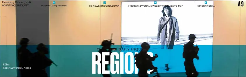  ?? Editor —ARJOY M. CENIZA Robert Jaworski L. Abaño ?? ‘SOUTHERN STORM’ Government troops secure a shopping mall as part of an antiterror drill, called “Operation Southern Storm,” to test how government agencies and security forces will respond once terrorists strike Davao City, President Duterte’s hometown.
