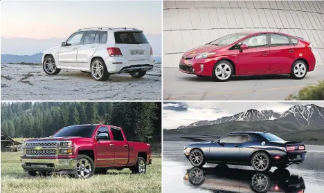  ??  ?? Clockwise from top left: J.D. Power ranks the Mercedes-Benz GLK, Toyota Prius, Dodge Challenger, and Chevy Silverado among the most dependable vehicles over three years.