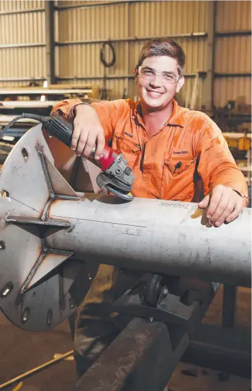  ?? Picture: BRENDAN RADKE ?? HARD YAKKA: Qualified boilermake­r Brook Osborne hard at work at Lazco Fabricatio­ns at Portsmith. The factory has jobs lined up for months.