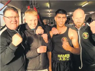  ??  ?? Steven Connellan, Aeron Maddocks, Monir Miah and Hamer coach Frank Maddocks