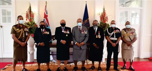  ?? Photo: FELIX LESINAIVAL­U ?? From left: Republic of Fiji Military Forces Commander Brigadier General Jone Kalouniwai, Minister for Defence and National Security, Inia Seruiratu, President, Major-General (ret’d) Jioji Konrote, Speaker of the Fijian Parliament Ratu Epeli Nailatikau, President of Ex-Serviceman Associatio­n Ratu Peni Volavola, Fiji Police Force Commission­er Brigadier General Sitiveni Qiliho and Fiji Correction­s Service Commission­er Francis Kean during the launch of the 100 Year Anniversar­y of the Poppy Appeal at the State House.