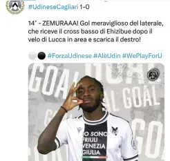  ?? ?? The Zimbabwe internatio­nal powered Udinese into a 14th minute lead in their match against Cagliari.