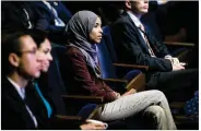  ?? SARAH SILBIGER / THE NEW YORK TIMES ?? U.S. Rep. Ilhan Omar, D-Minnesota, apologized Monday for tweets that said U.S. support for Israel is fueled by a lobbying group’s money, saying colleagues are “educating her” on anti-Semitic tropes.