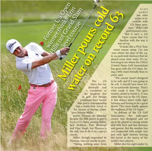  ?? Photo: IC ?? Justin Thomas hits his ball from the deep rough in the third round of the US Open on Saturday.