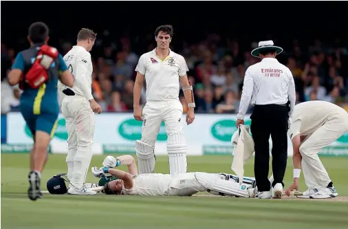  ?? GETTY IMAGES ?? Steve Smith lays stricken after being struck by a delivery from England’s Jofra Archer during the second test.