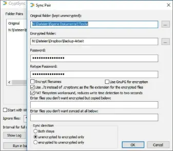  ??  ?? Die Freeware Cryptsync erstellt verschlüss­elte Kopien eines Ordners in einem beliebigen Zielordner, etwa unterhalb des Dropbox-Verzeichni­sses. So lassen sich geschützte Kopien in der Cloud anlegen.